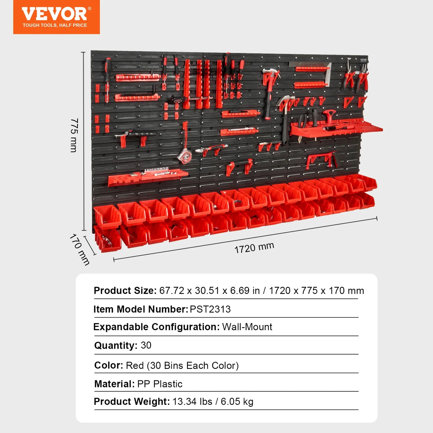 VEVOR 30Bin Wall Mounted Storage Bins Parts Rack Organizer Garage with Wall Panels Hooks Plastic Shop Tool for Screw Nails