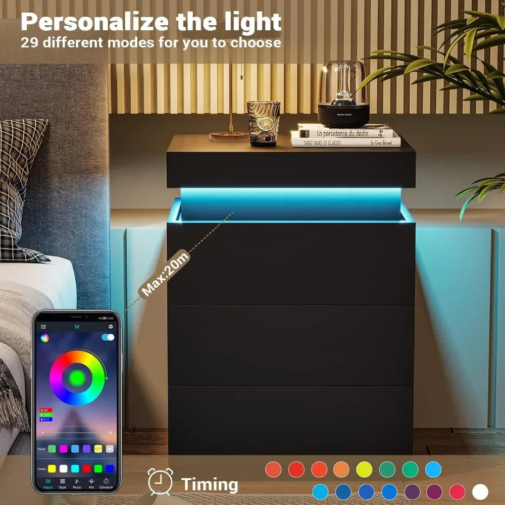Nightstand with Charging Station and LED Lights,Night Stand with Sliding Top,Bedside Table with Drawers,Modern End Side Table