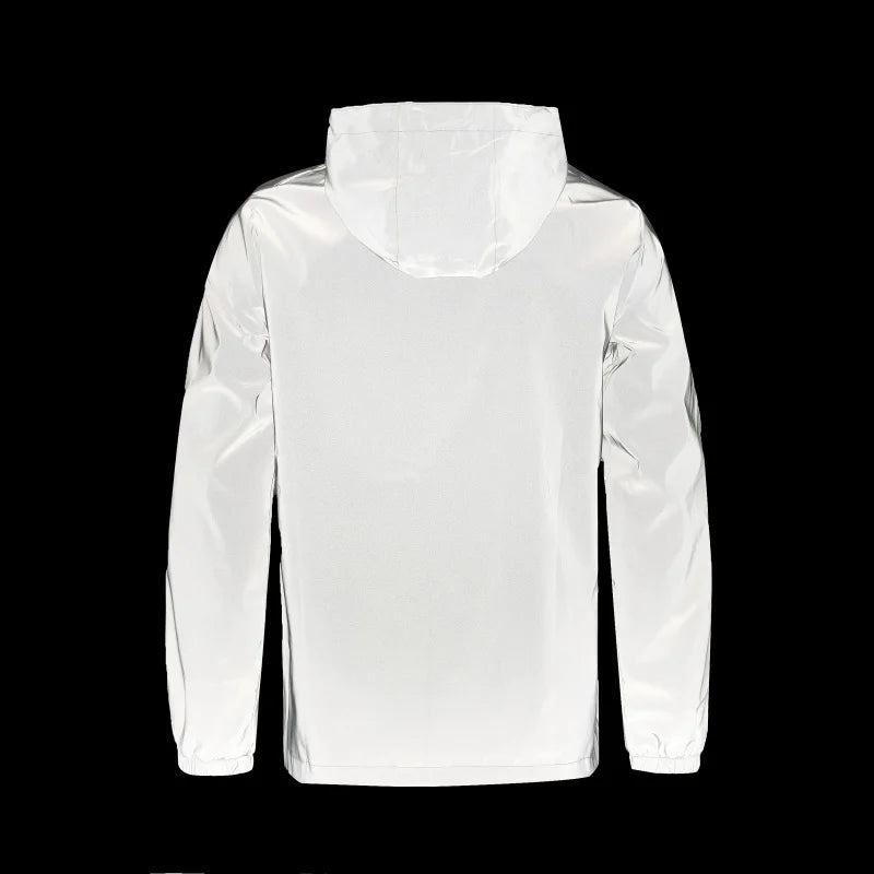 Mens Double Fabric Night Reflective Jackets Hip Hop Dancer Singer Waterproof Zipper Coats Outwear Windbreaker Hooded Jacket