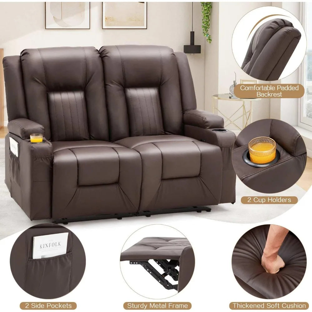Loveseat Recliner with Cup Holders&Side Pockets, Modern Manual RV Couch Sofa Wall Hugger Recliner Faux Leather Double Recliner H - TrendForce25