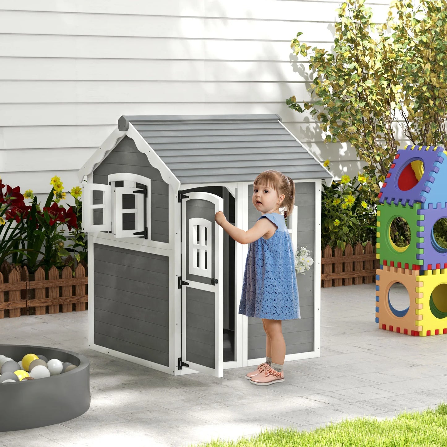 Outsunny Playhouse for Kids, Outdoor Wooden Playhouse with Floor, Door, Windows & Planter Box for 3-8 Year Olds, Backyard