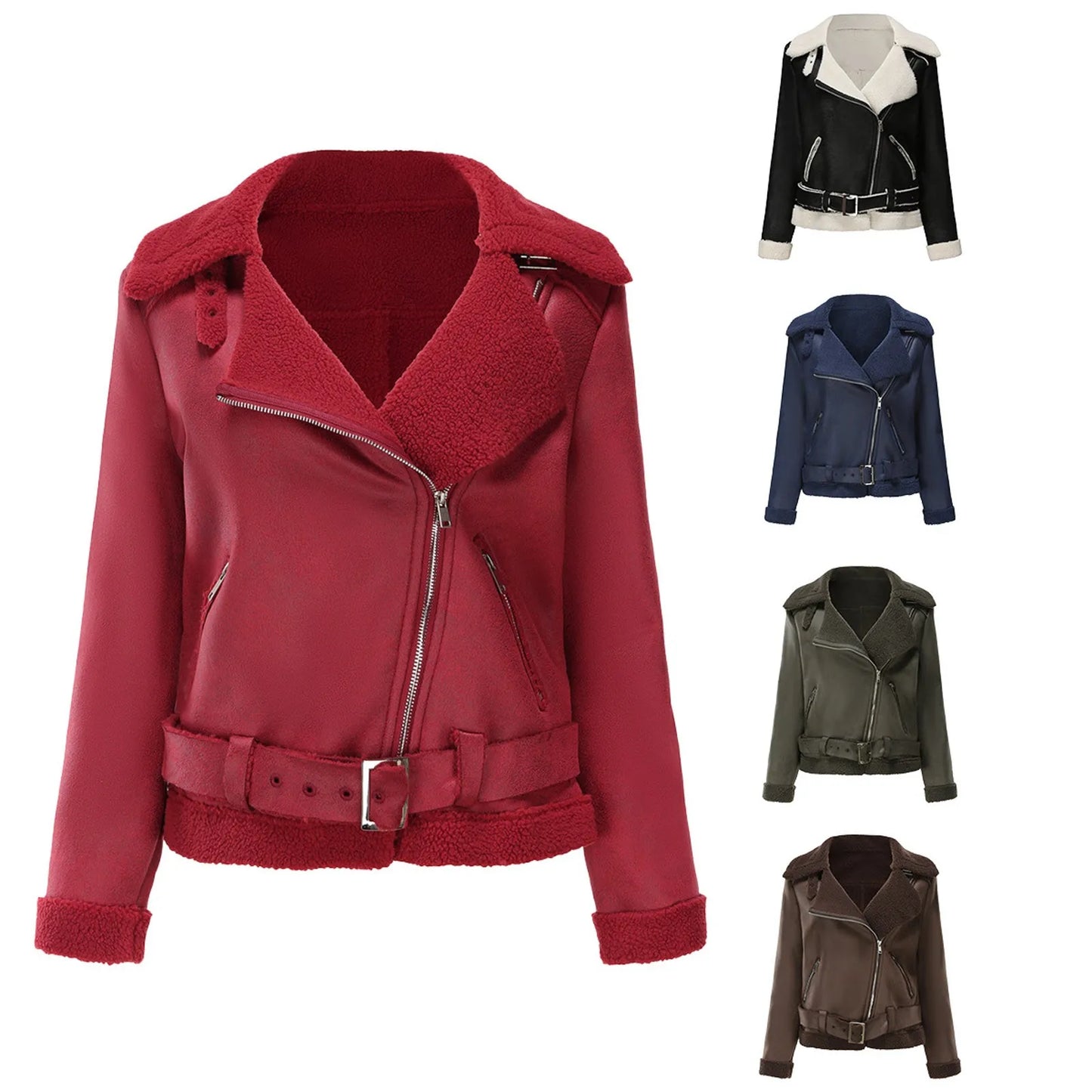 Warm Suede Lamb Jacket Winter Women Thick Short Motorcycle Coats Faux Shearling Leather Jackets Zip Cool Outwear Women'S Coat