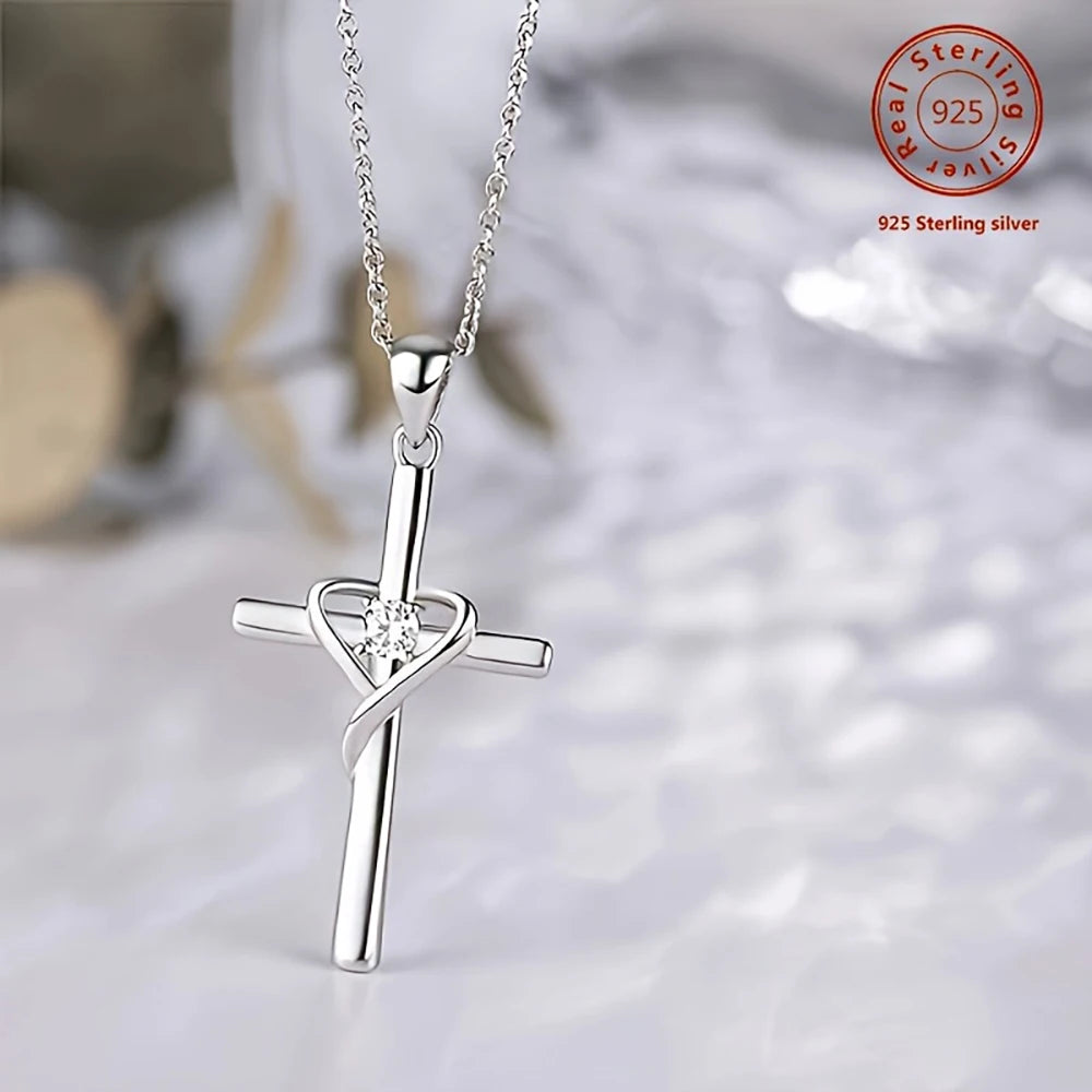925 Sterling Silver Cross Zircon Necklace Pendant for Women Wedding Jewelry Clavicle Chain Prayer Gifts Stock in USA Warehouse