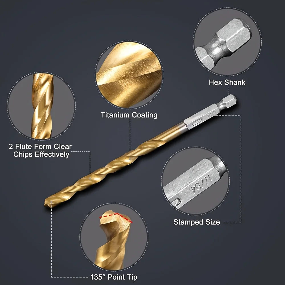 Titanium Impact Drill Bit Set -30 Pcs Hex Shank HSS,1/16"-1/2"Hex Shank Drill Bit Set,Quick Change Design,for Wood,Steel,Metal - TrendForce25