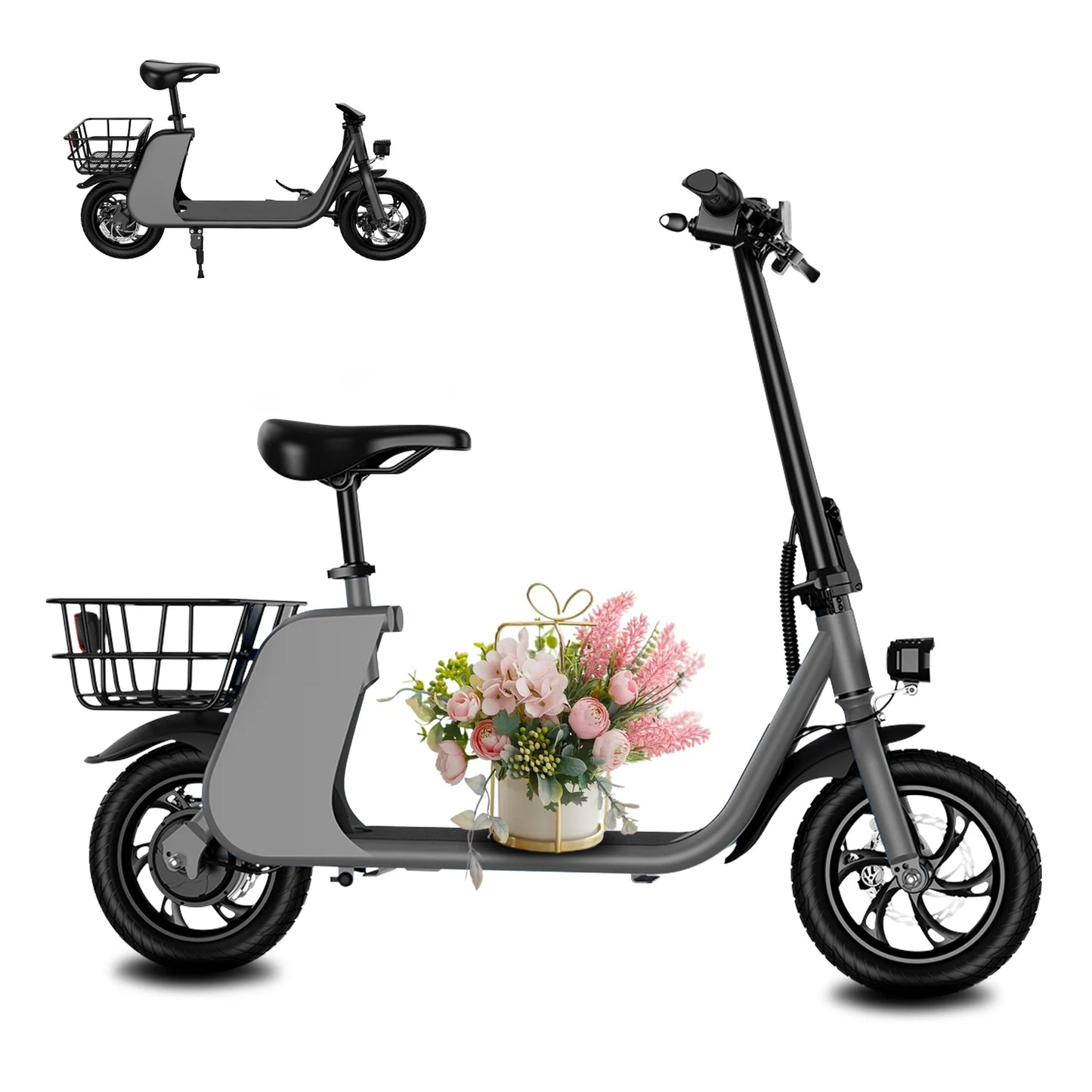 450W adult electric scooter 15.5mph, with seat and shopping basket, suitable for female electric scooters for urban commuting - TrendForce25