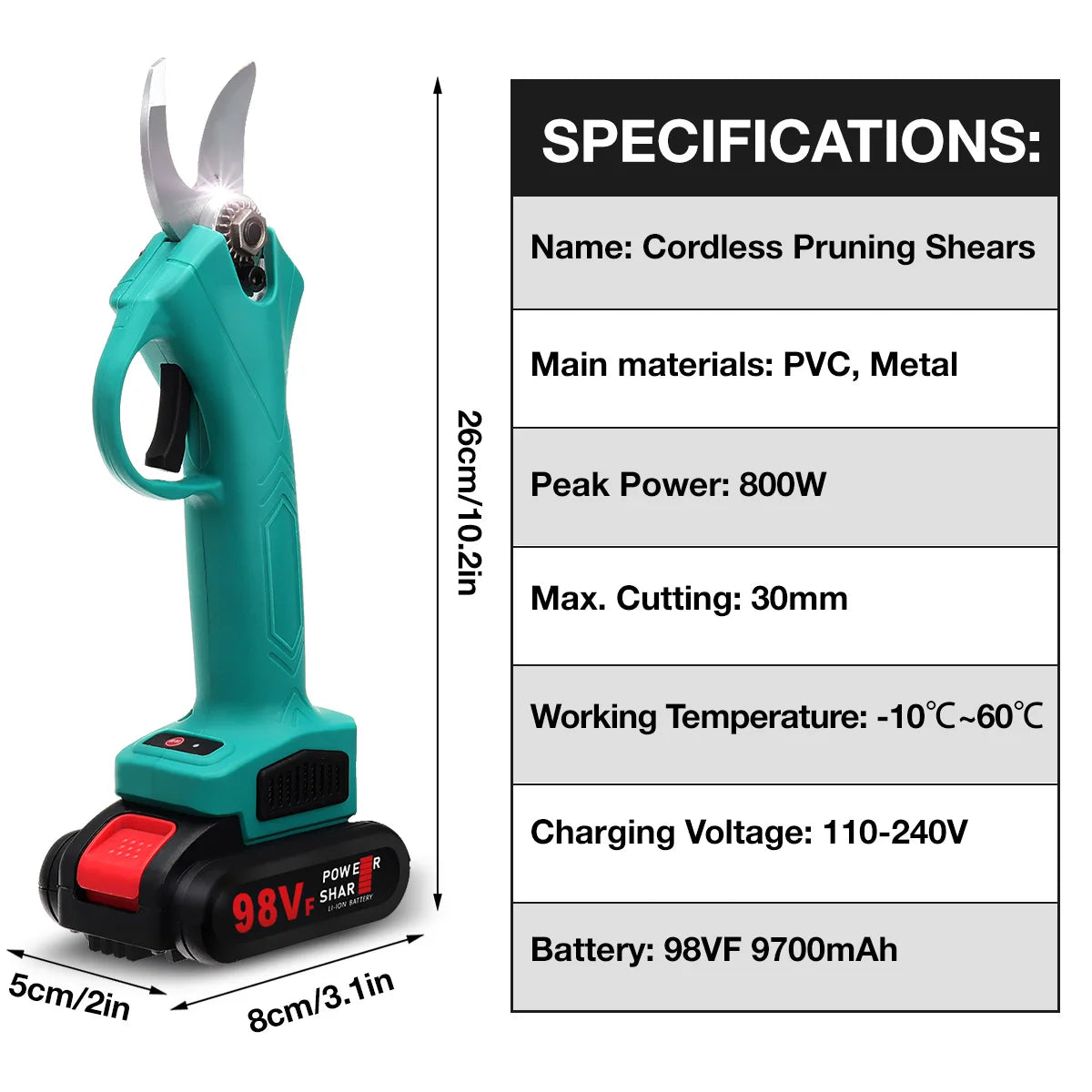 VIOLEWORKS 30mm Cordless Electric Pruning Shears Garden Fruit Tree Bonsai Cordless Electric Garden Scissors Handheld Garden Tool
