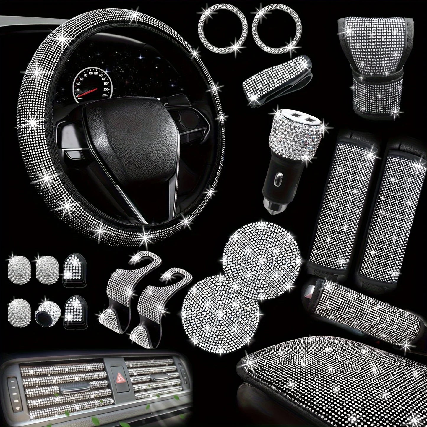30 PCs Bling Car Accessories Set for Women, Steering Wheel Covers Universal Fit 15Inch, Seat Belt Covers, Armrest Cover