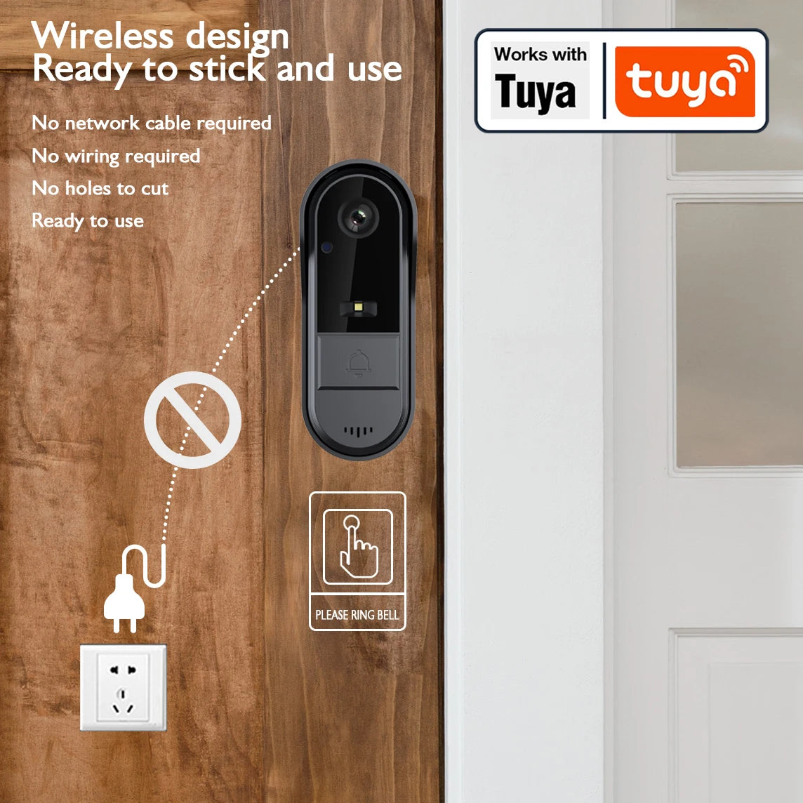 Tuya WiFi doorbell 2-way HD 1080P, microSD/cloud, waterproof, 1000mAh battery, long standby,Wireless Security Camera