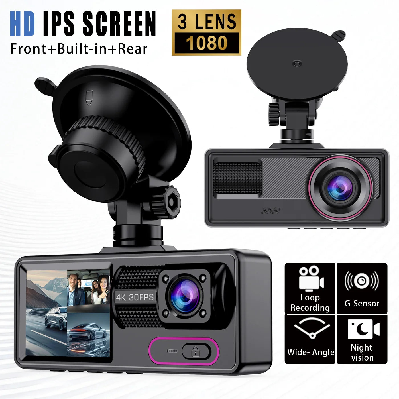 Dash Cam, 3 Channel Dash Cam,1080P car Cam Front And inside And Rear, Tripie CarDash Camera, Car Camera With 32GB Card,Night Vis - TrendForce25