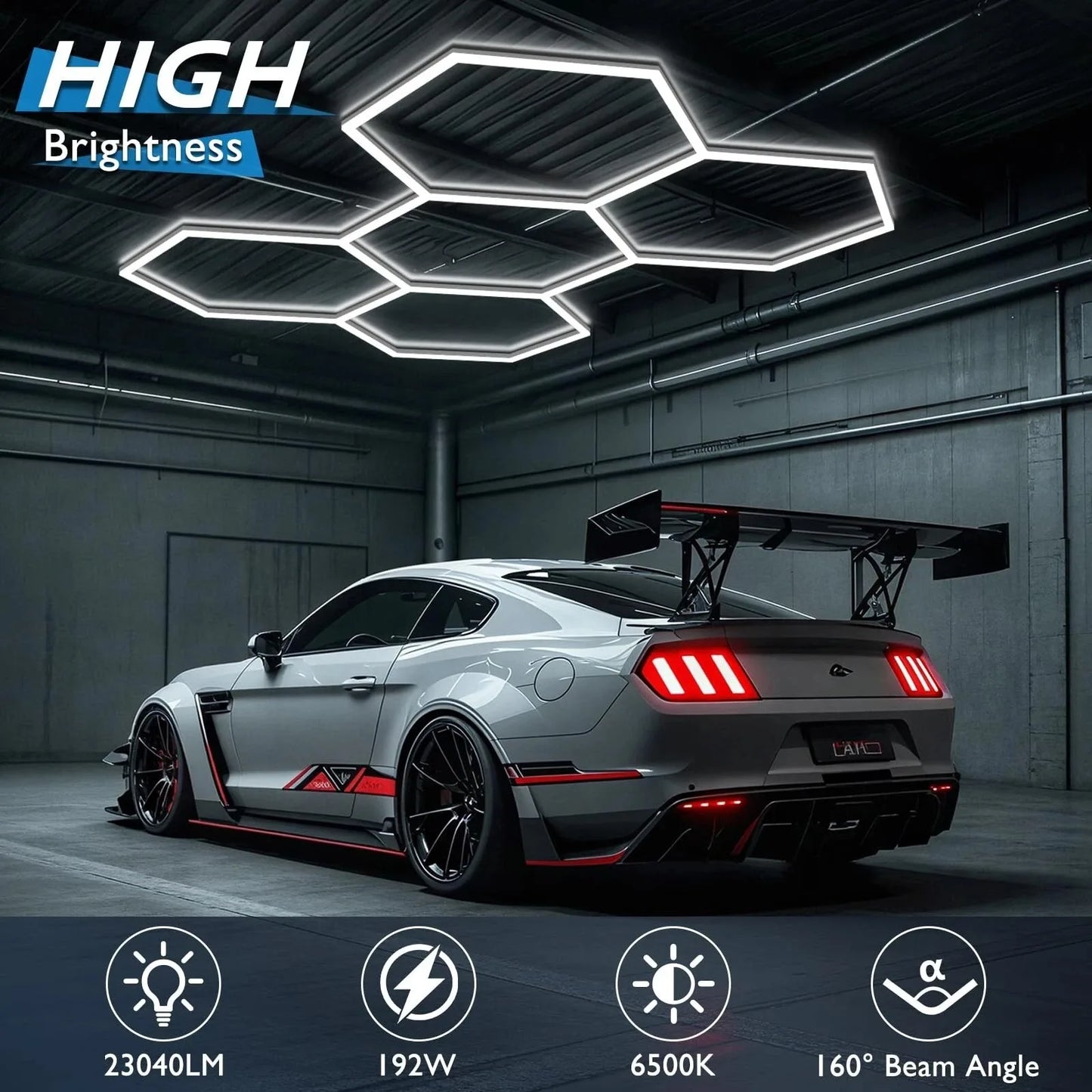 Hexagon LED Garage Light 110-240V 6500K Honeycomb Ceiling LED Lighting Tube for Car Detailing Shop Barbershop Gym Car Wash Room