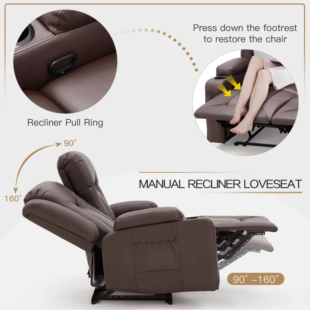Loveseat Recliner with Cup Holders&Side Pockets, Modern Manual RV Couch Sofa Wall Hugger Recliner Faux Leather Double Recliner H - TrendForce25