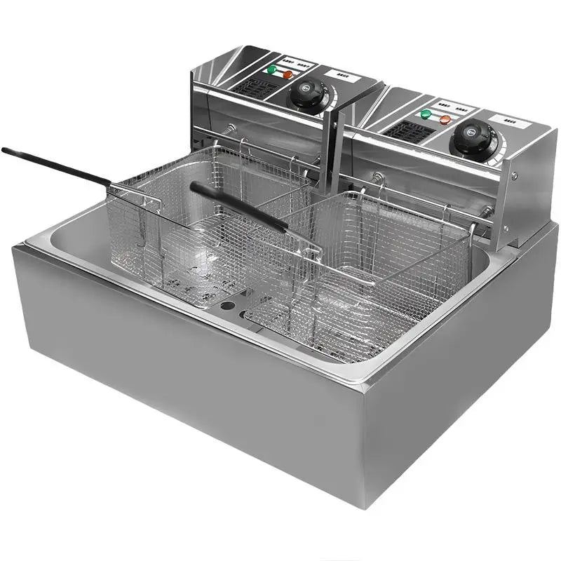 Deep Fryer Pot Electric 110V Commercial Double Stainless Steel Chicken Wings Fryers with Baskets and Temperature Control Kitchen - TrendForce25