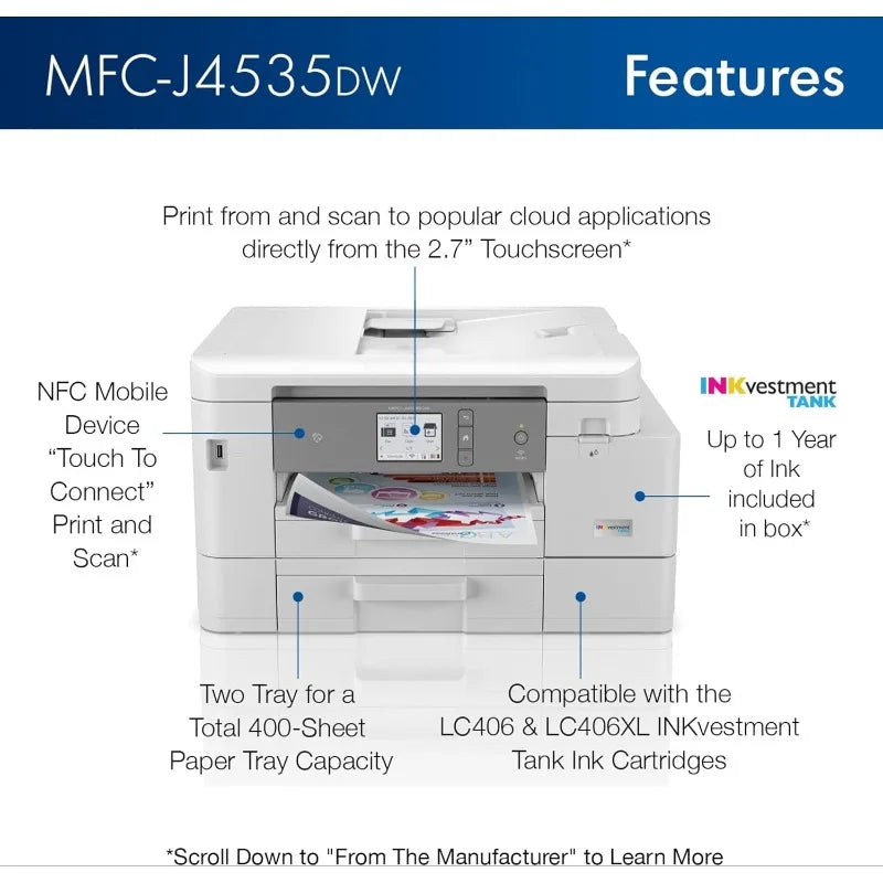 NEW MFC-J4535DW INKvestment -Tank All-in-One Color Inkjet Printer with NFC