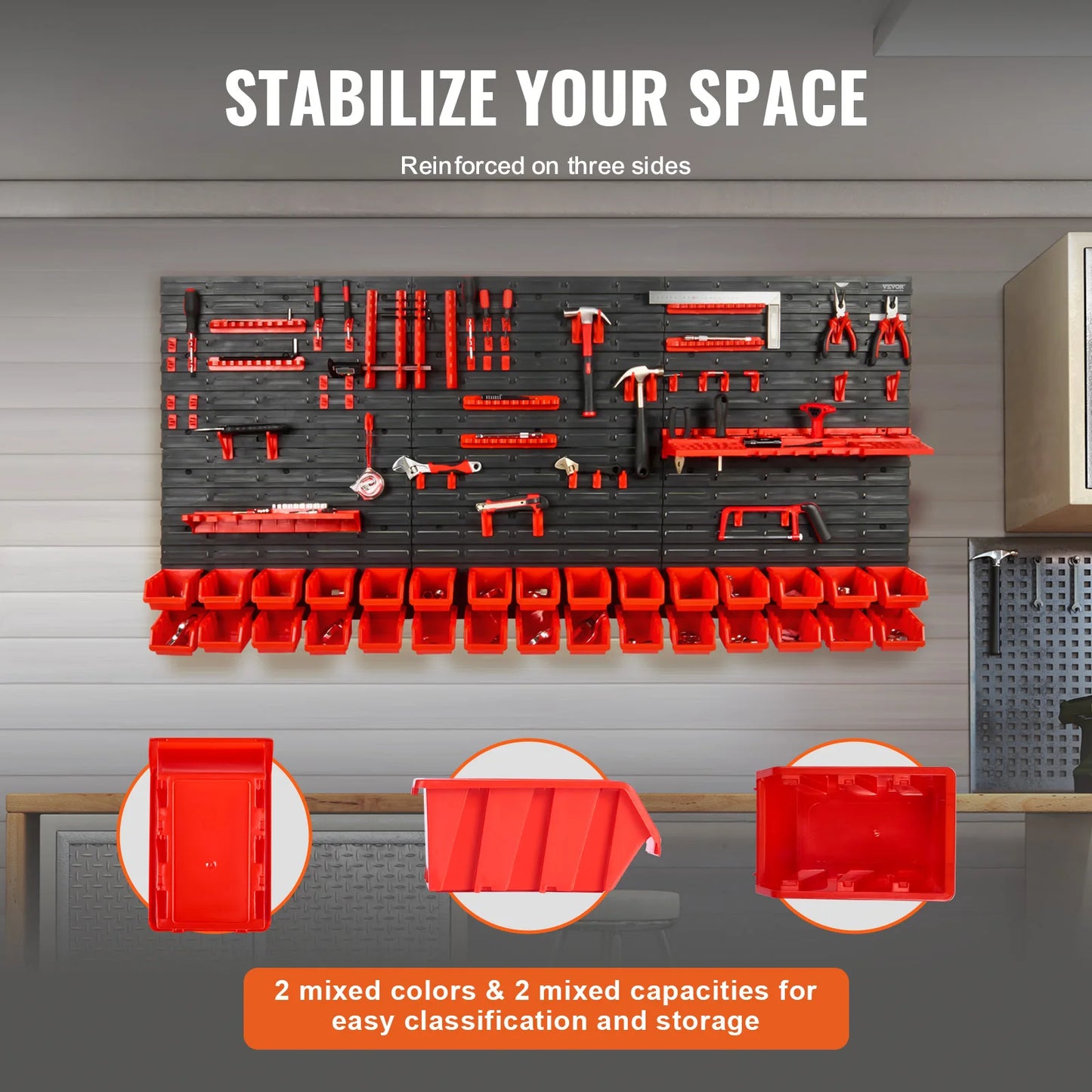 VEVOR 30Bin Wall Mounted Storage Bins Parts Rack Organizer Garage with Wall Panels Hooks Plastic Shop Tool for Screw Nails