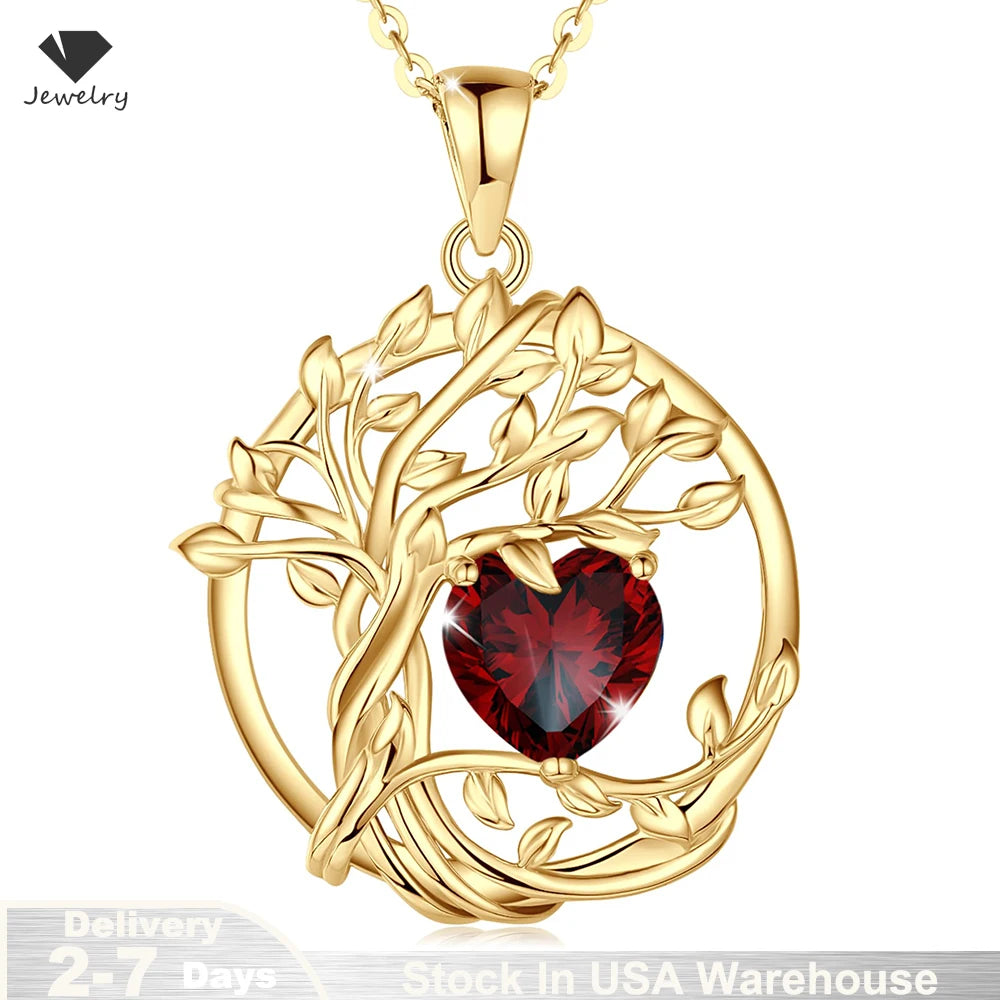 Tree of life Birthstone Sterling Silver Pendant Necklace Gemstone Anniversary Birthday Jewelry Christmas Gifts for Mom Her Wife