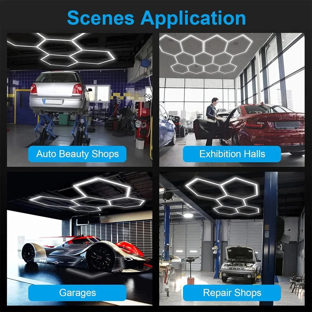 Hexagon LED Garage Light 110-240V 6500K Honeycomb Ceiling LED Lighting Tube for Car Detailing Shop Barbershop Gym Car Wash Room