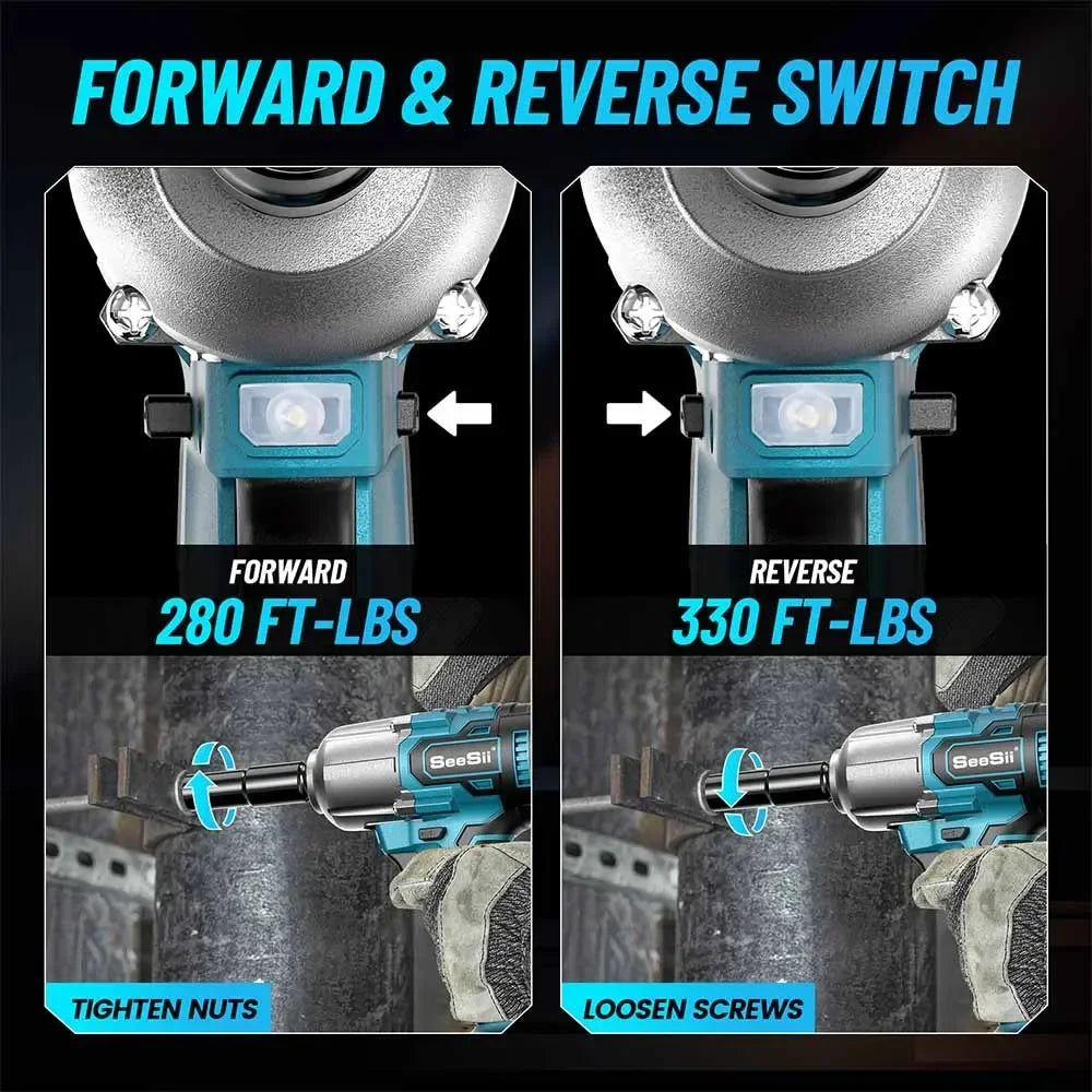 Seesii WH460 Cordless Impact Wrench Brushless 450N.m Electric Wrench 1/2'' Impact Gun 2*4.0Ah Battery For Car Home Power Tools