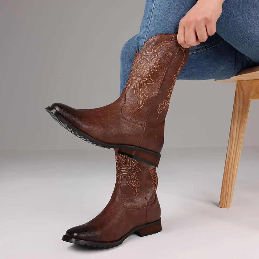 DoraTasia Plus size 12.5 New Fashion Retro Square Toe Neutral Cowboy Boots Luxury Embroidered Concise Pull-on Western Boots - TrendForce25