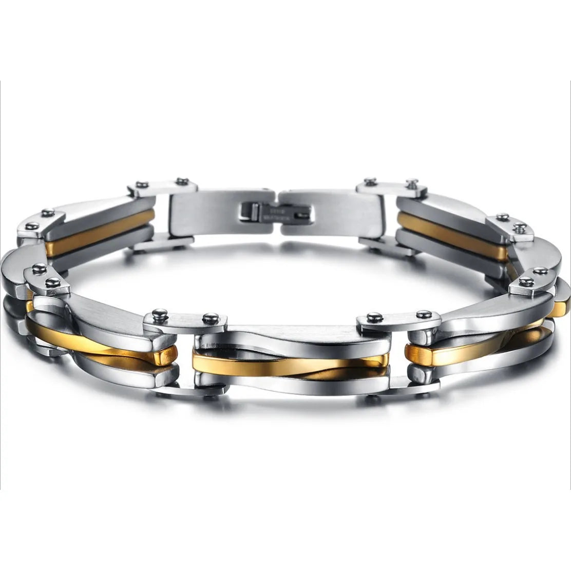 BONISKISS Men Boys Stainless Steel Two Tone Rhombus Cool Link Bangle Bracelet Cuff Gold/Silver Color Wristband Jewelry Xmas Gift - TrendForce25