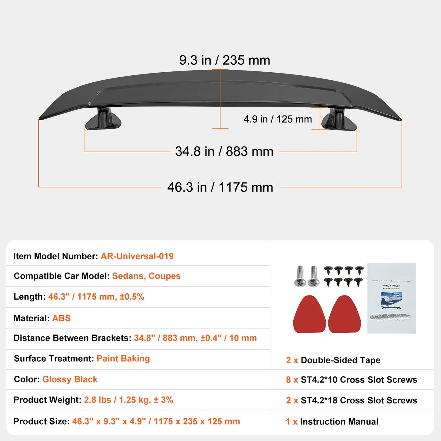 VEVOR GT Wing Car Spoiler 46.3 inch Universal Spoiler Compatible with most Sedans and Coupes High Strength ABS Material Black