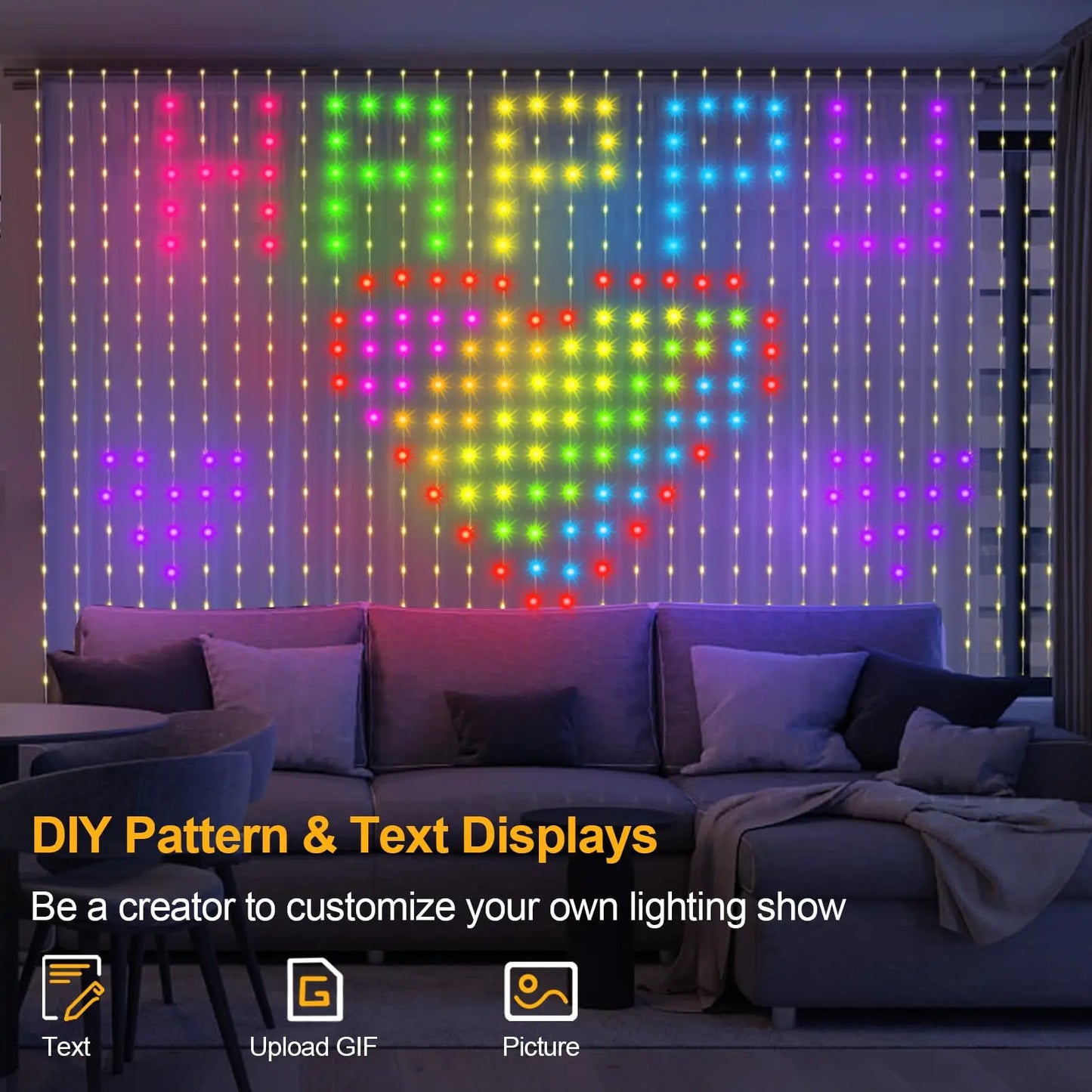 Smart RGB LED Curtain Lights RGB LED String Light AppControl USB DIY Text Animation Display Music Sync for Christmas Party Decor