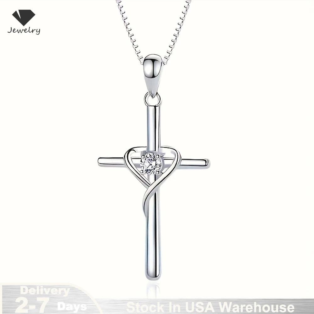 925 Sterling Silver Cross Zircon Necklace Pendant for Women Wedding Jewelry Clavicle Chain Prayer Gifts Stock in USA Warehouse
