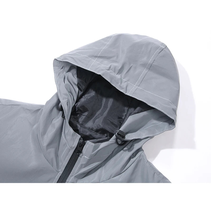 Mens Double Fabric Night Reflective Jackets Hip Hop Dancer Singer Waterproof Zipper Coats Outwear Windbreaker Hooded Jacket
