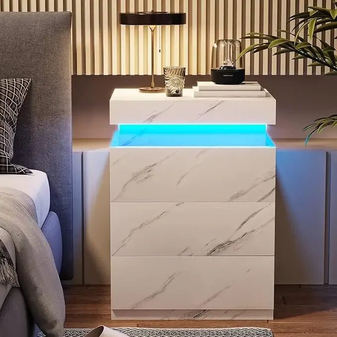 Nightstand with Charging Station and LED Lights,Night Stand with Sliding Top,Bedside Table with Drawers,Modern End Side Table