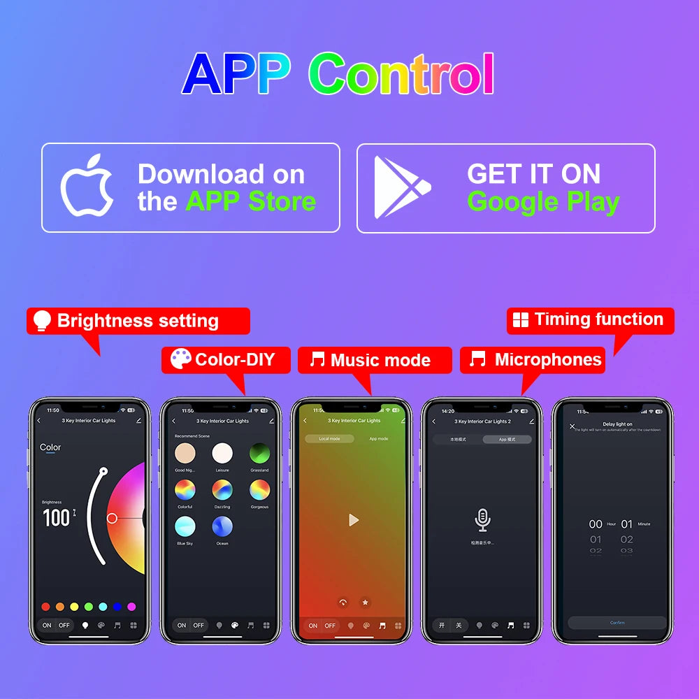 Neon Universal Car Ambient Light RGB Backlight LED Foot Strip APP Control Auto Decorative Off Road 4x4 SUV Interior Atmosphere - TrendForce25