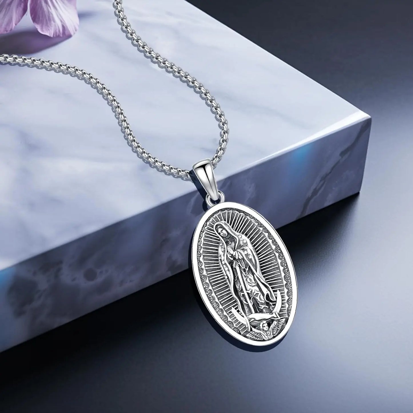 Virgin Mary Necklace 925 Sterling Silver Virgin Mary Pendant Saint Necklace Protection Amulet Jewelry for Men Women Christmas