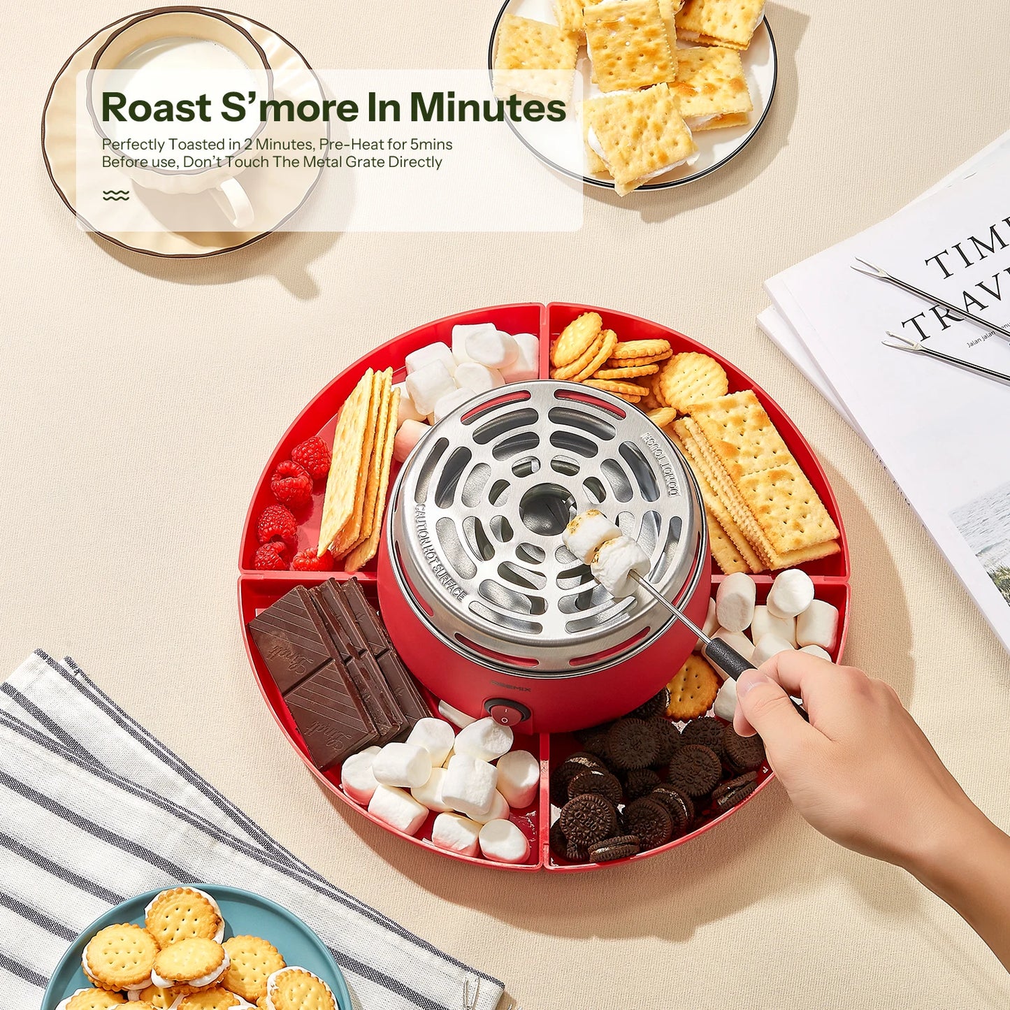 S'mores Maker Tabletop Indoor, Reemix Flameless Electric Marshmallow Roaster with 4 Detachable Trays & 6 Roasting Forks - TrendForce25