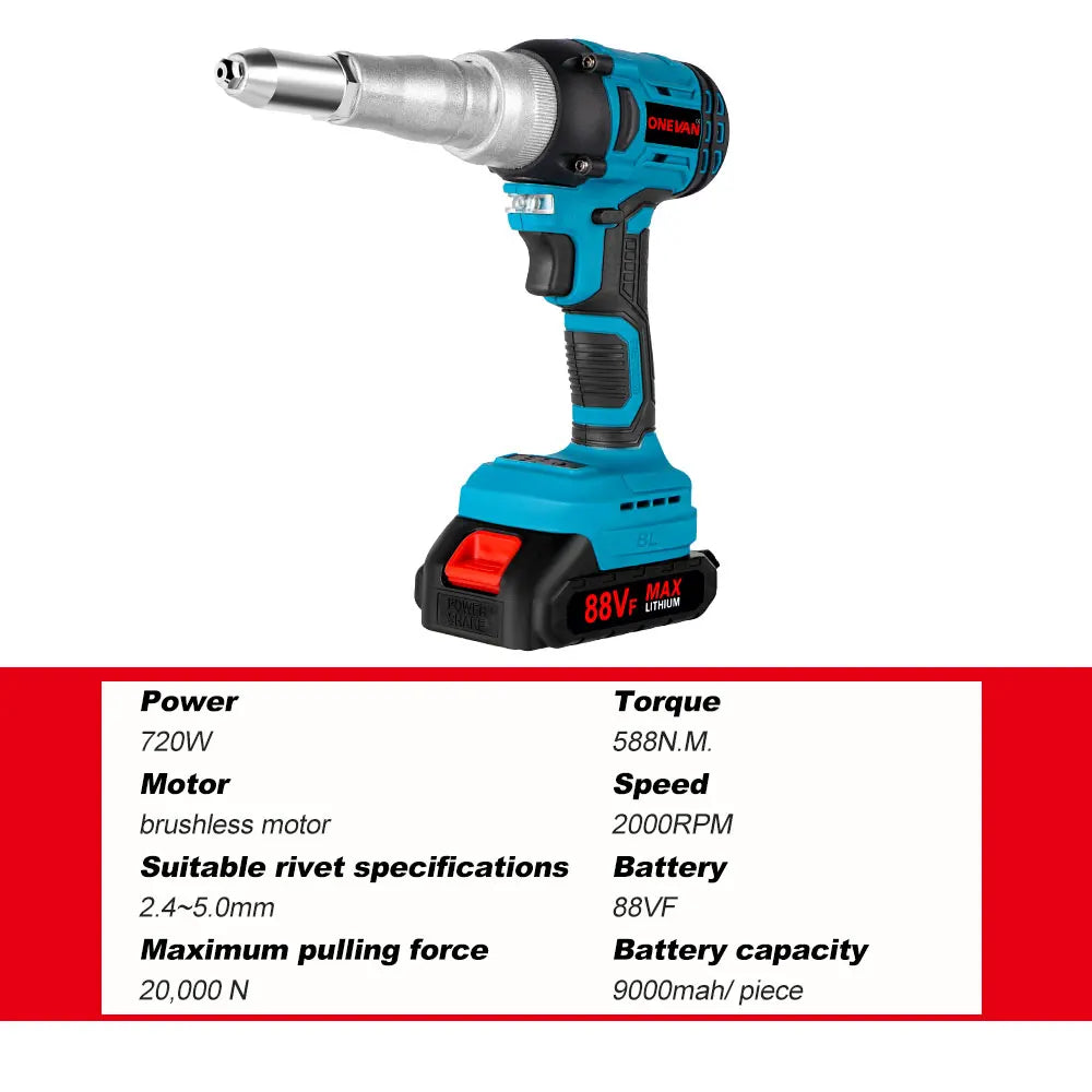 ONEVAN Brushless Electric Rivet Gun 2.4~5.0mm Drill Cordless Rivet Nut Gun Automatic Riveting Power Tool For Makita Battery Pin