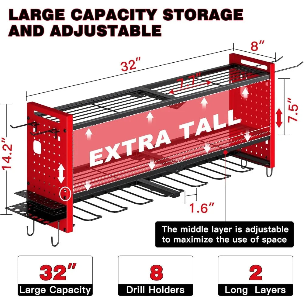 Popular Red Power Tool Organizer Wall Mount,Cordless Storage Rack 8 Drill Holder,3 Layers Heavy Duty Power Tool Storage Rackr