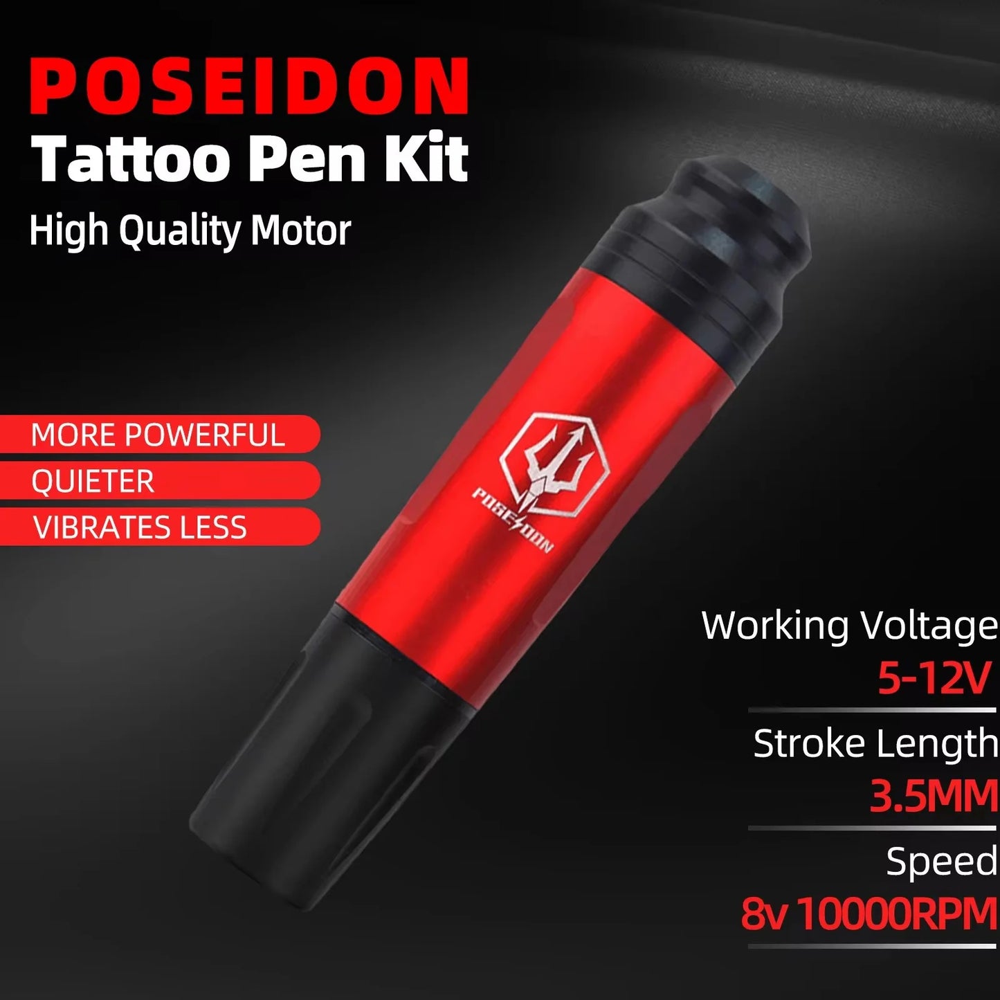 Tattoo Kit POSEIDON High Power Tattoo Pen Kit For Permanent Makeup Tattoo Machine Kit Hot Red Tattoo Power Supply Tattoo Gun Kit - TrendForce25