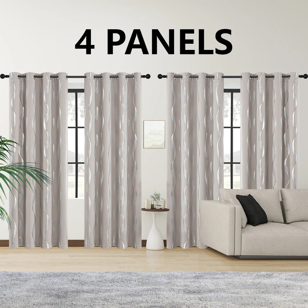 4Pcs Blackout Curtains Grommet Thermal Insulated Room Darkening With Wave Foil Printed For Bedroom - TrendForce25