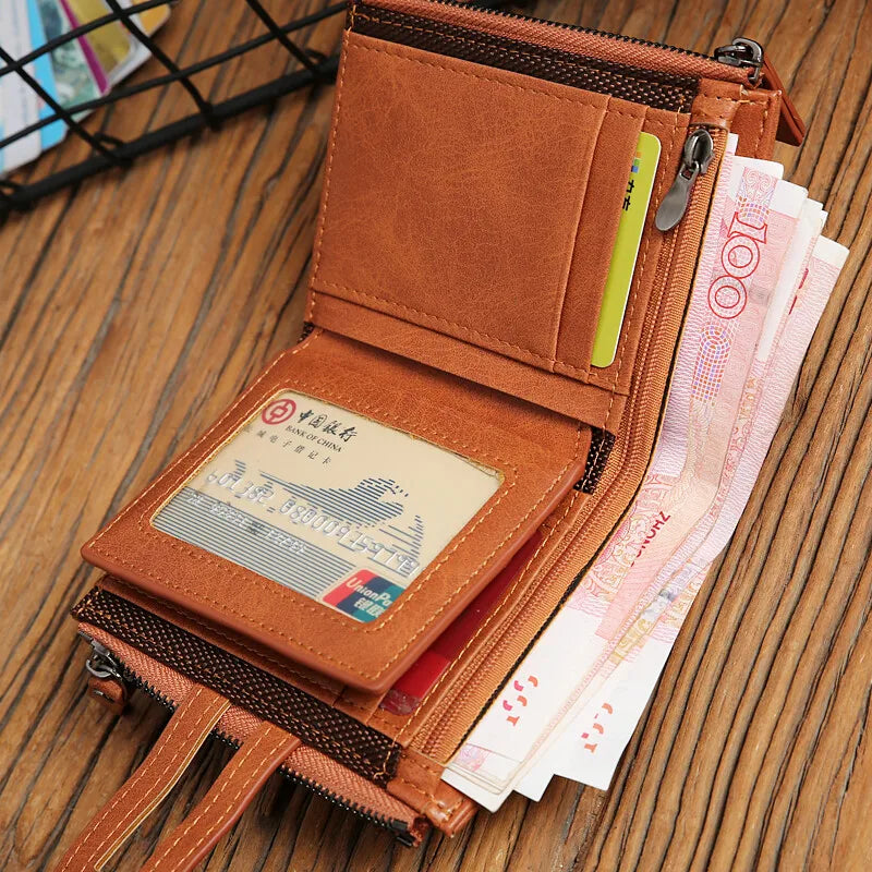 Men's Short Wallet Double zipper Multi Card Slots Holder Coin Purses With Snap Button PU Leather Billfold - TrendForce25