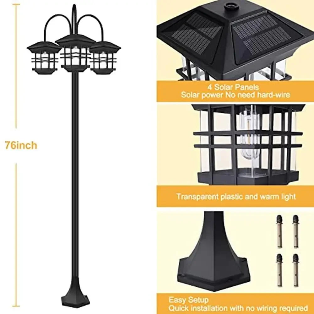 3-Head Solar Street Light Aluminum Waterproof Outdoor Lamp Post Energy-Efficient Garden Lighting Automatic Dusk to Dawn Black