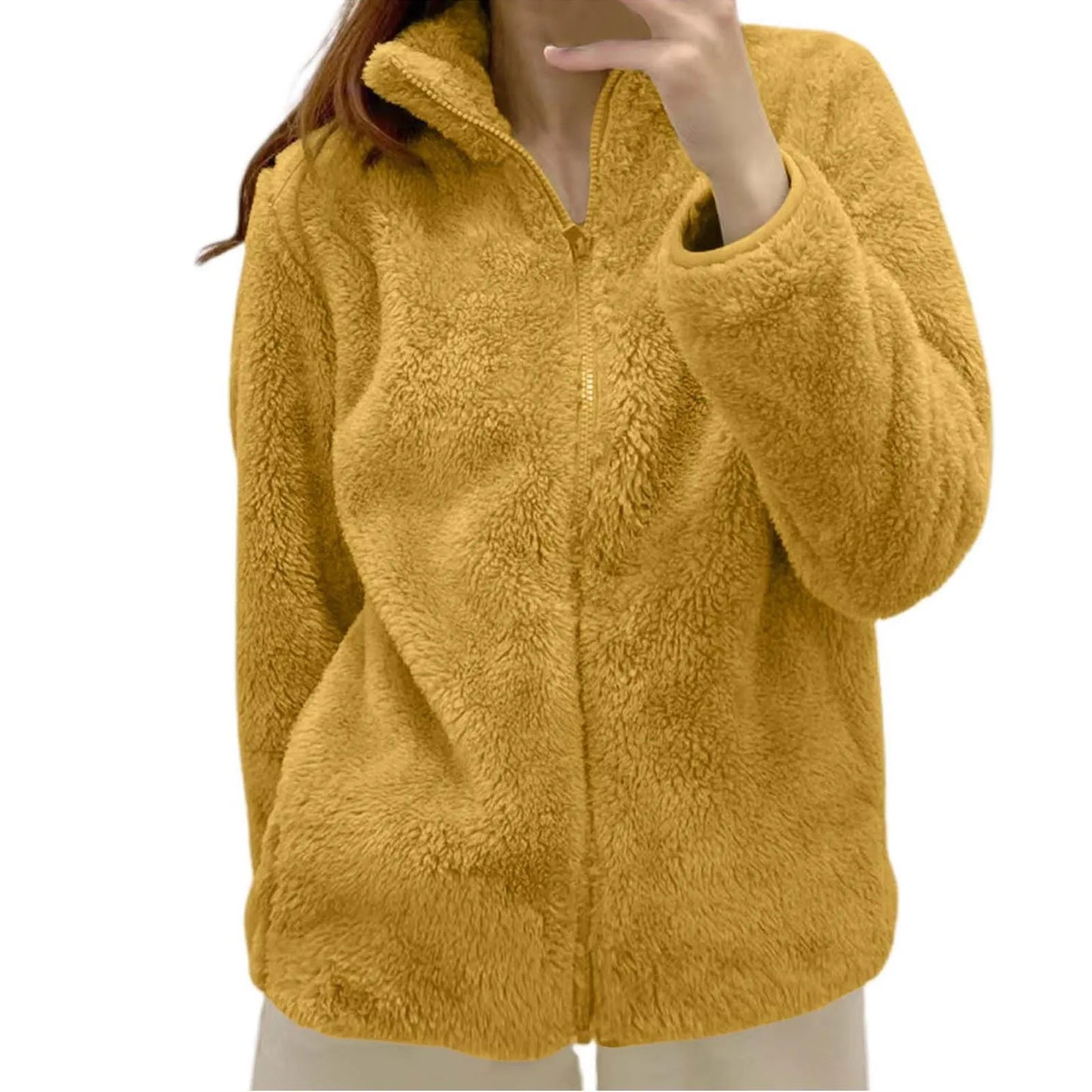 Women Casual Zip Up Fleece Jacket Solid Color Long Plush Polar Warm Zipper Outwears Female Gils Lamb Wool Jackets With Pockets