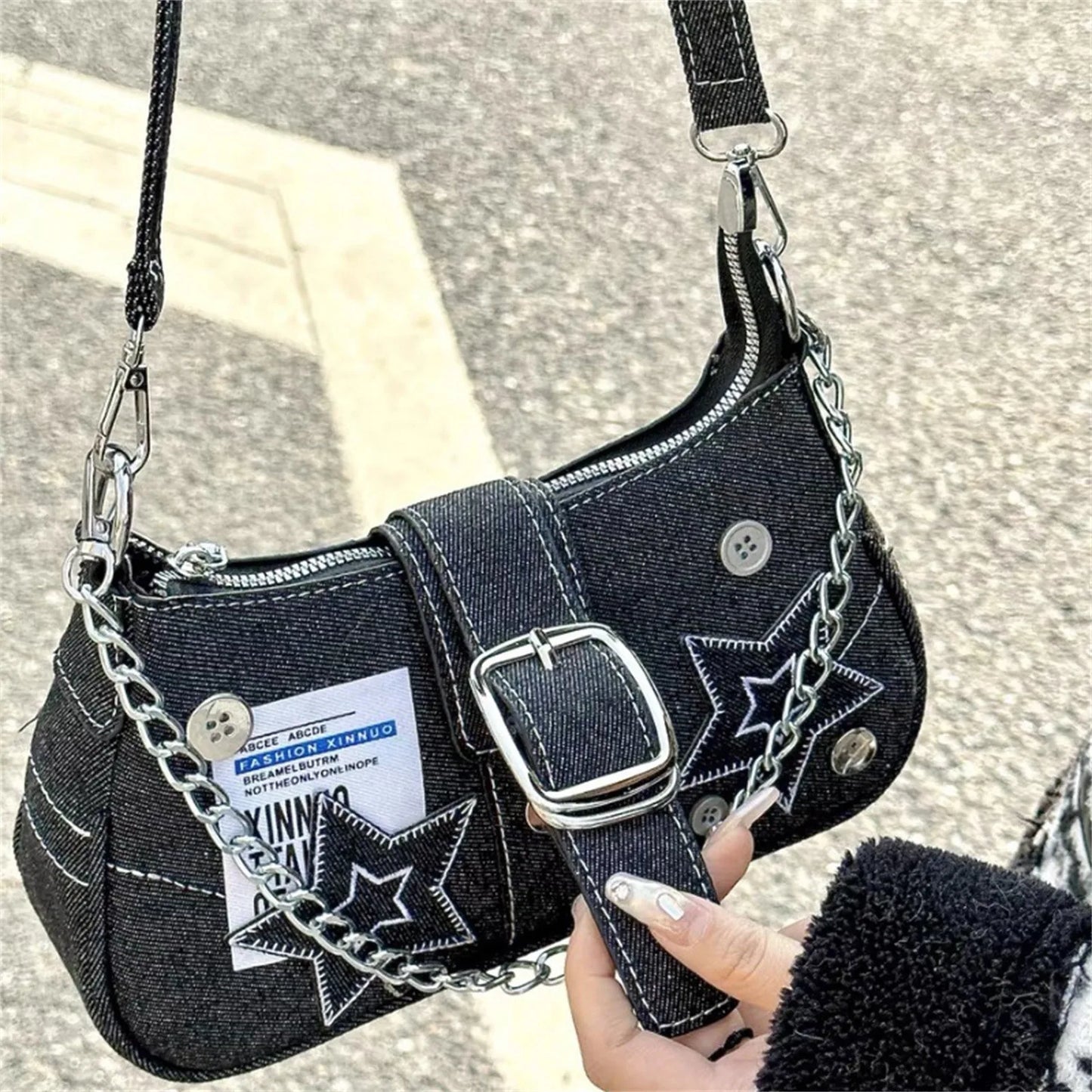 Y2k Fashion Women'S Handbags Stars Pattern Cool Girls Underarm Bag Fashion Canvas Female Small Shoulder Bags Chain Tote Purses - TrendForce25