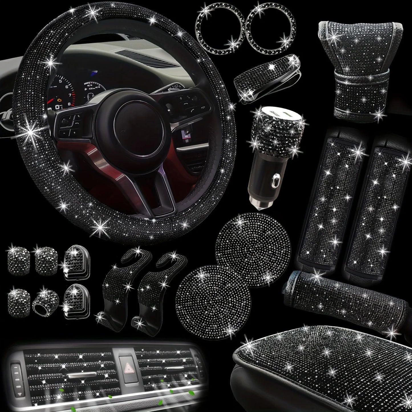 30 PCs Bling Car Accessories Set for Women, Steering Wheel Covers Universal Fit 15Inch, Seat Belt Covers, Armrest Cover