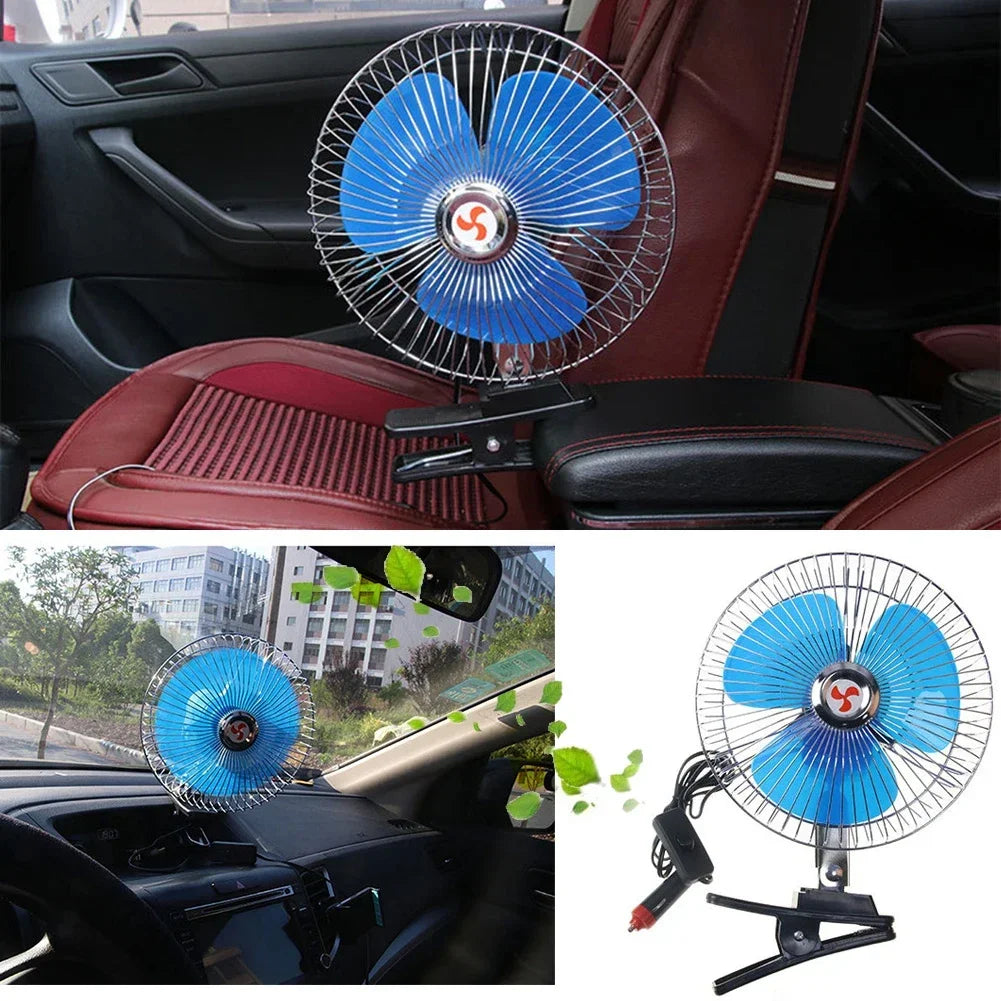 8 Inch Car Fan Electric Car Oscillating Fan Low Noise Air Cooling Fan 12V/24V 15W Rotation Clip Car Fan Vehicle Air Cooler