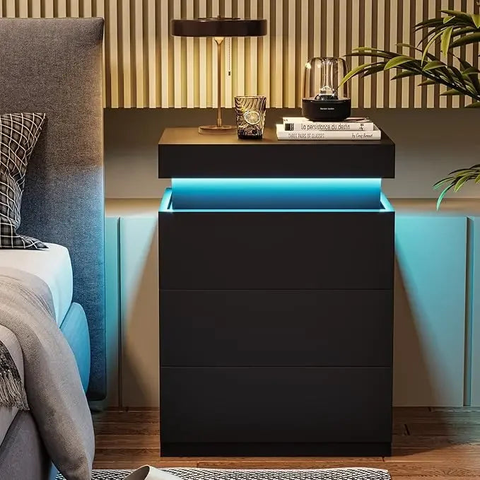Nightstand with Charging Station and LED Lights,Night Stand with Sliding Top,Bedside Table with Drawers,Modern End Side Table