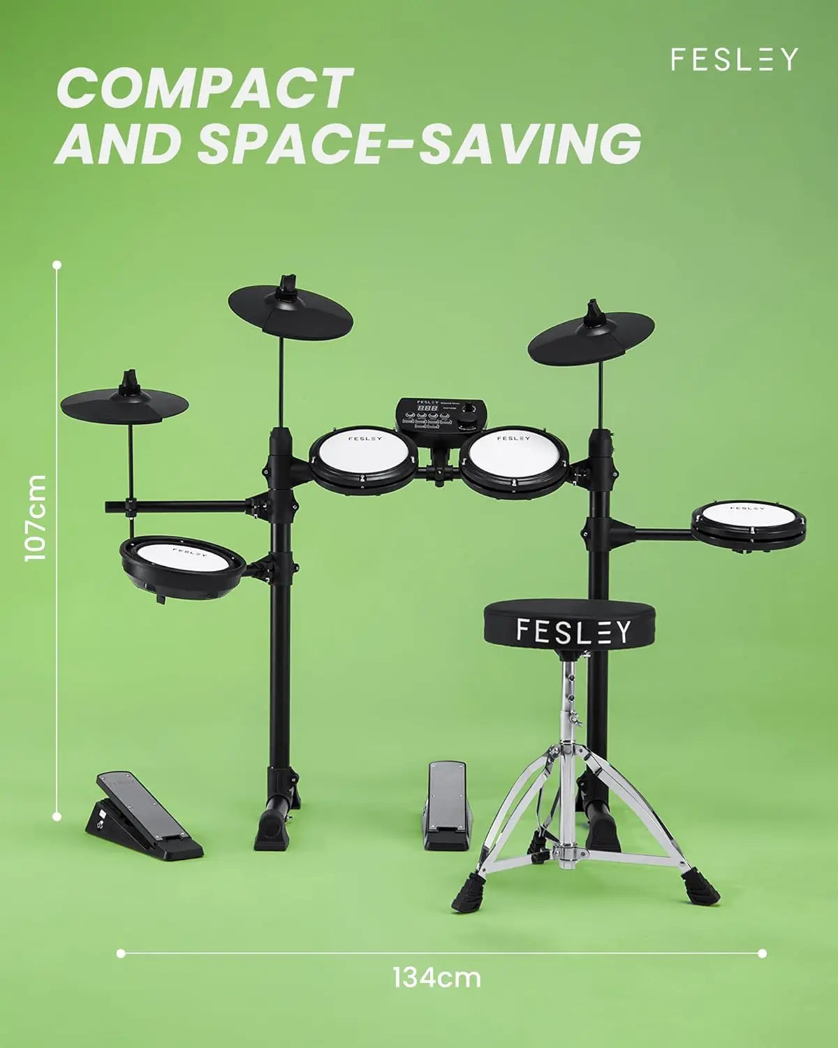 Fesley FED150W Electric Drum Set: Electronic Drum Set with 4 Quiet Mesh Drum Pads,Dual Zone Snare Drum, Portable Drum Set