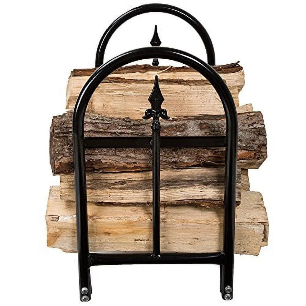 Fireplace Log Rack Steel Firewood Holder with Finial Design Sturdy Indoor Outdoor Wood Storage Solution Black Finish