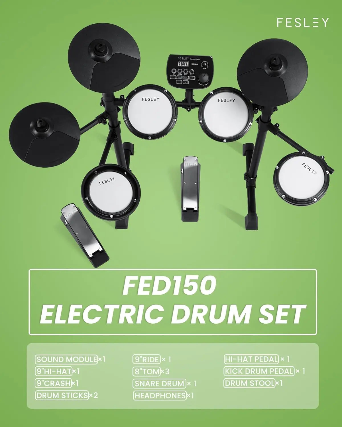 Fesley FED150W Electric Drum Set: Electronic Drum Set with 4 Quiet Mesh Drum Pads,Dual Zone Snare Drum, Portable Drum Set