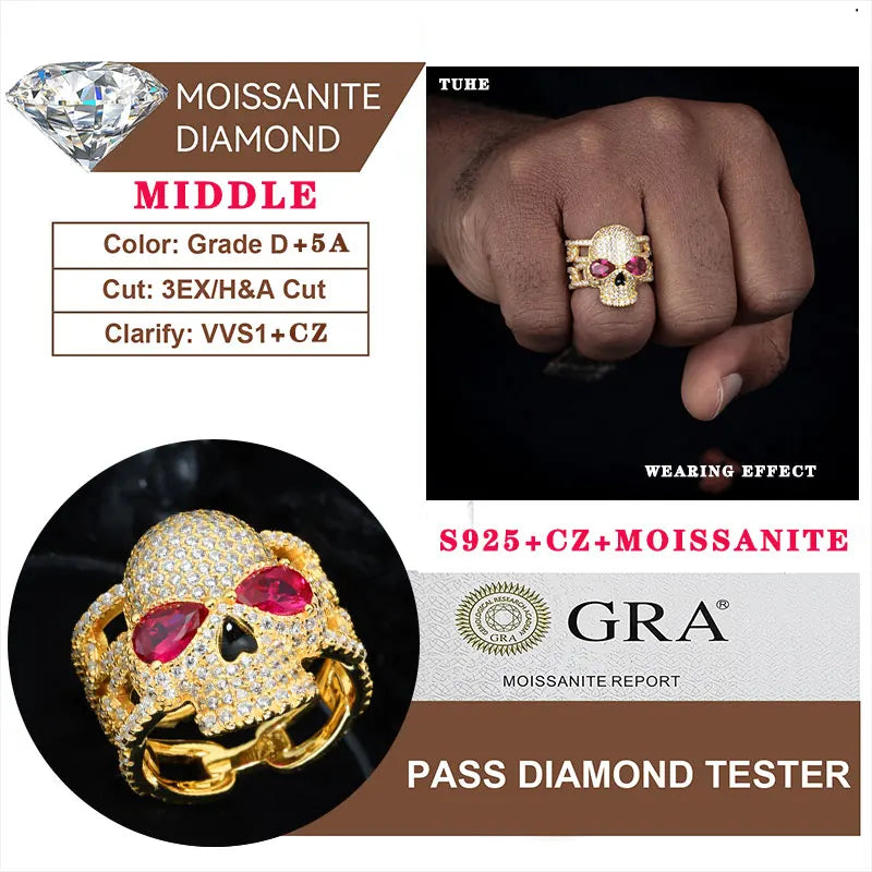 TUHE Unisex Iced Out Skull Ring S925 Silver VVS1 Moissanite For Men Hip Hop Jewelry