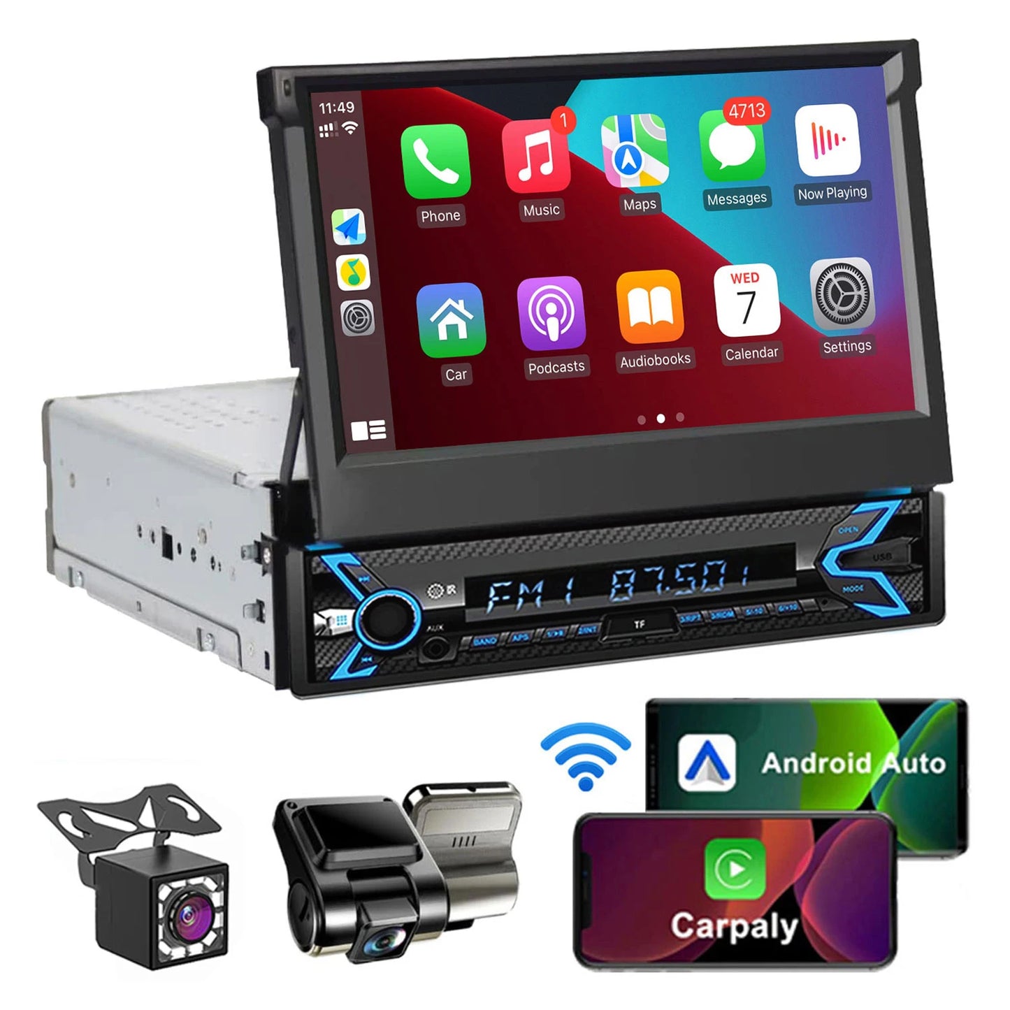 7 Inch Flip Out Car Stereo 1 Din HD Touchscreen Car Video Player Support CarPlay Android Auto with Dash Cam & Backup Camera BT