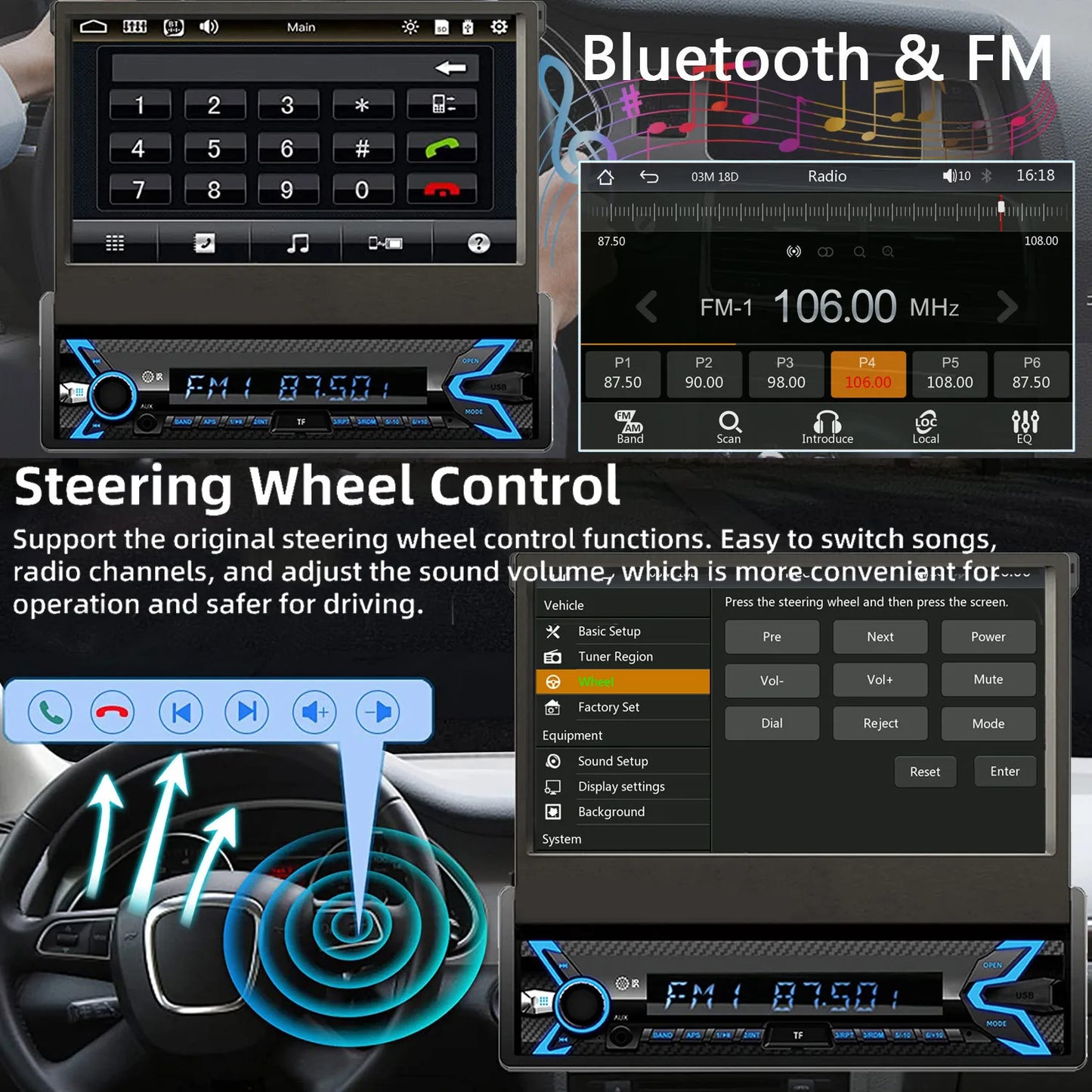 7 Inch Flip Out Car Stereo 1 Din HD Touchscreen Car Video Player Support CarPlay Android Auto with Dash Cam & Backup Camera BT