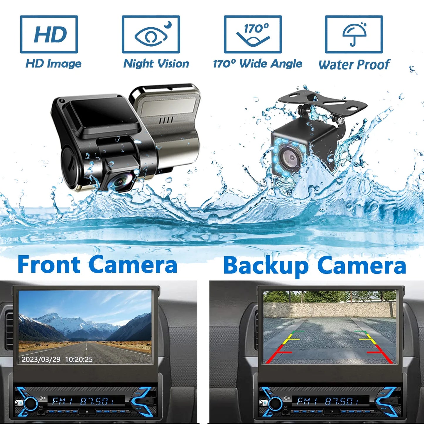 7 Inch Flip Out Car Stereo 1 Din HD Touchscreen Car Video Player Support CarPlay Android Auto with Dash Cam & Backup Camera BT