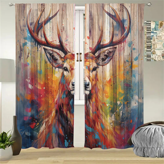 2 Pcs Deer Art Curtains Vintage Wood Board Painting Living Room Bedroom Window Decor Curtains 3D Digital Print Sunshade Curtains - TrendForce25